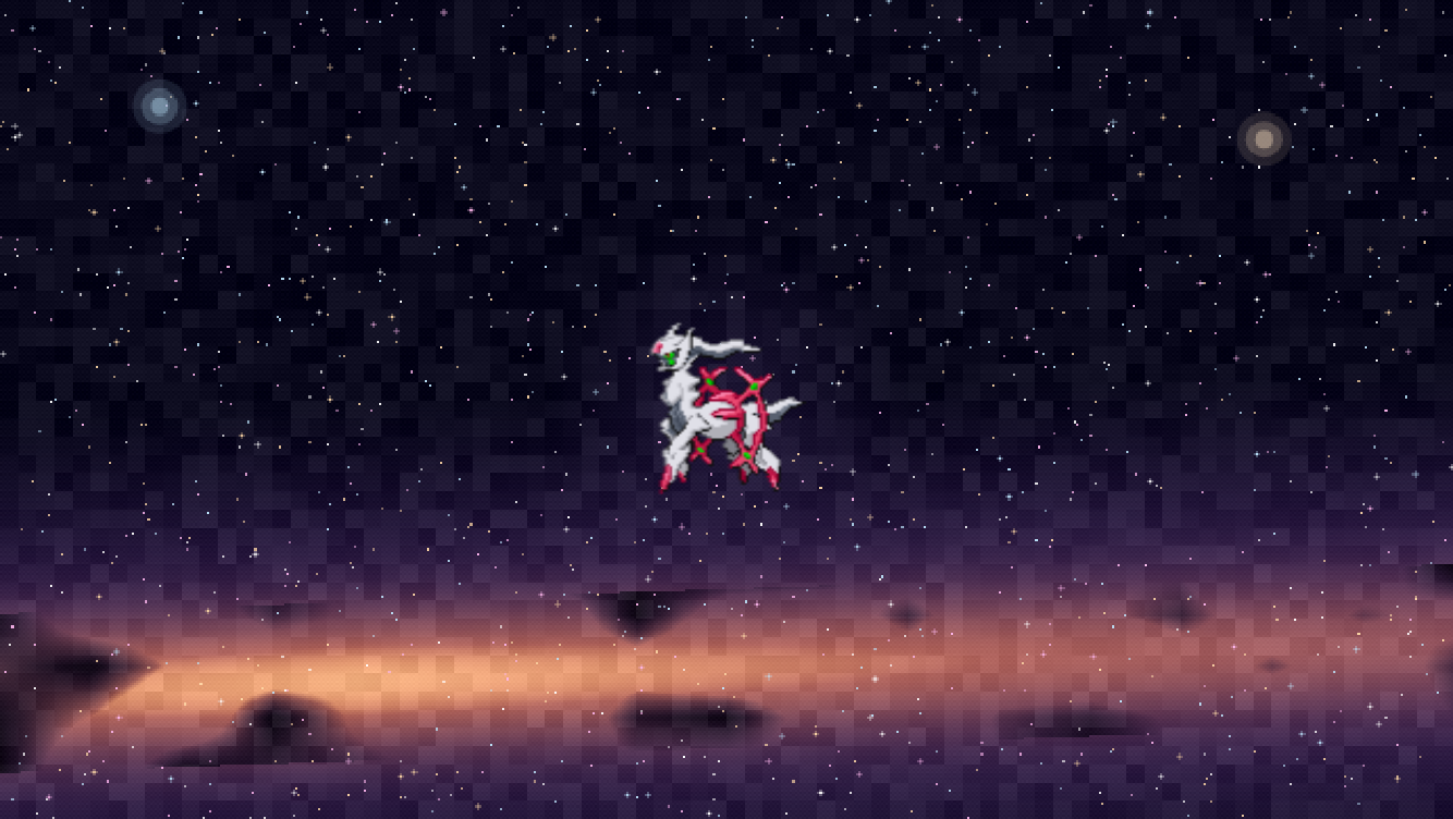 the garden replaced by a starfield cosmos, arceus floating and cycling through its type-plate formes